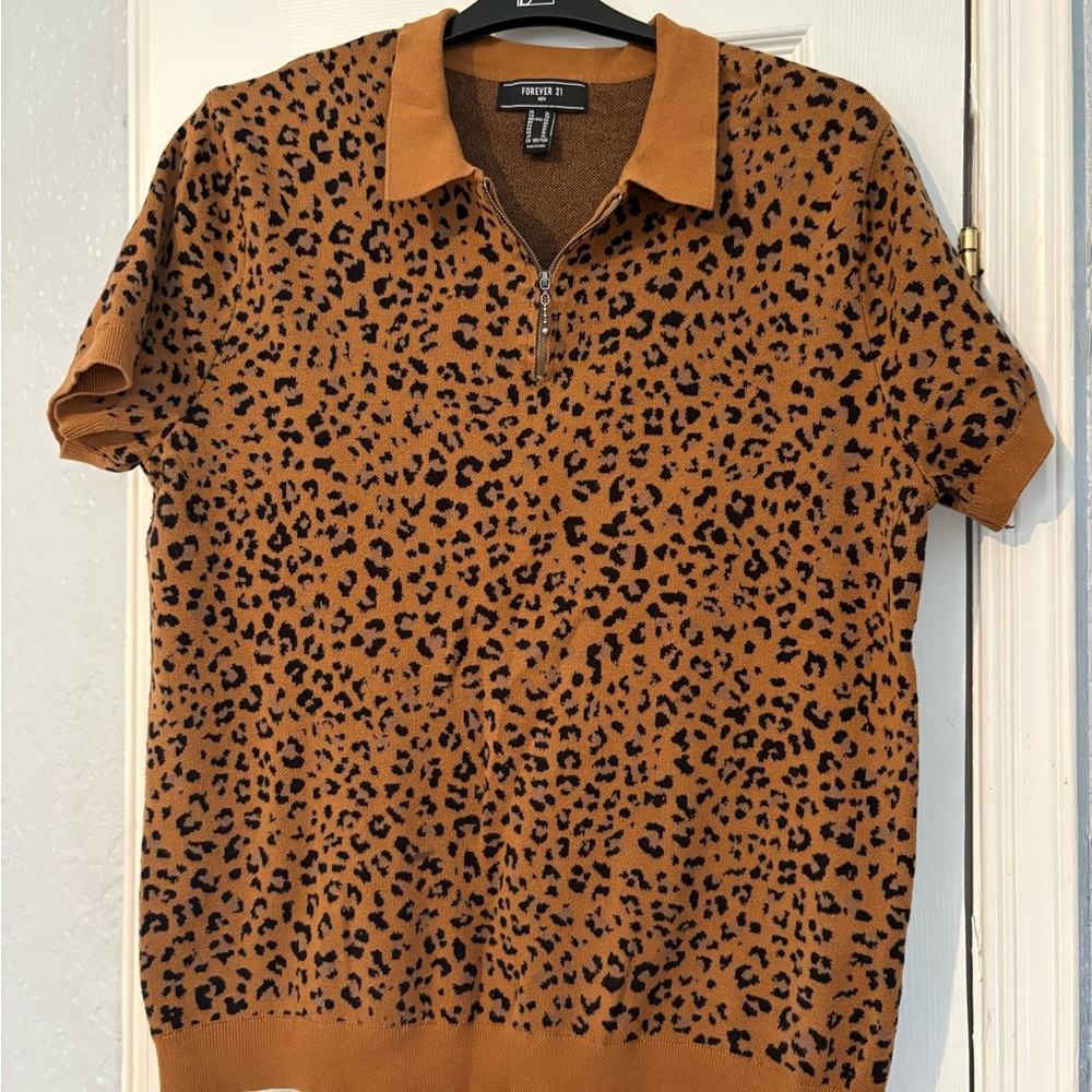 Forever 21 Men's Brown and Black Leopard Print Zip Polo